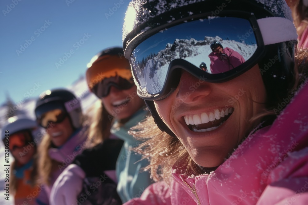 A vibrant group of smiling skiers enjoying a sunny day on the slopes, showcasing happiness and camaraderie amidst a stunning snow-covered backdrop. A vibrant group of smiling skiers enjoying a sunny day on the slopes, showcasing happiness and camaraderie amidst a stunning snow-covered backdrop.