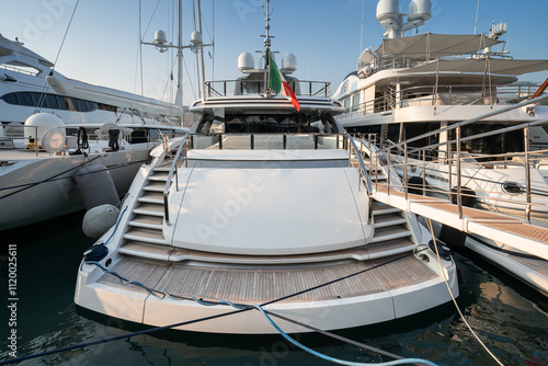 Modern Superyachts at dock in Genova, Italy on a sunny day
