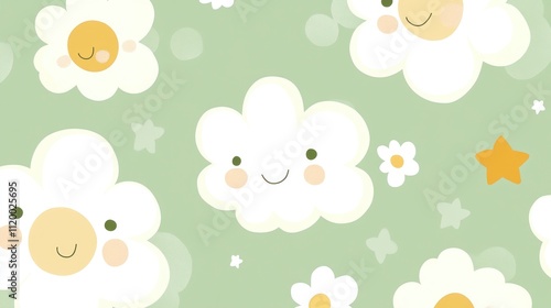 A playful pattern featuring smiling clouds, flowers, and stars on a soft green background.