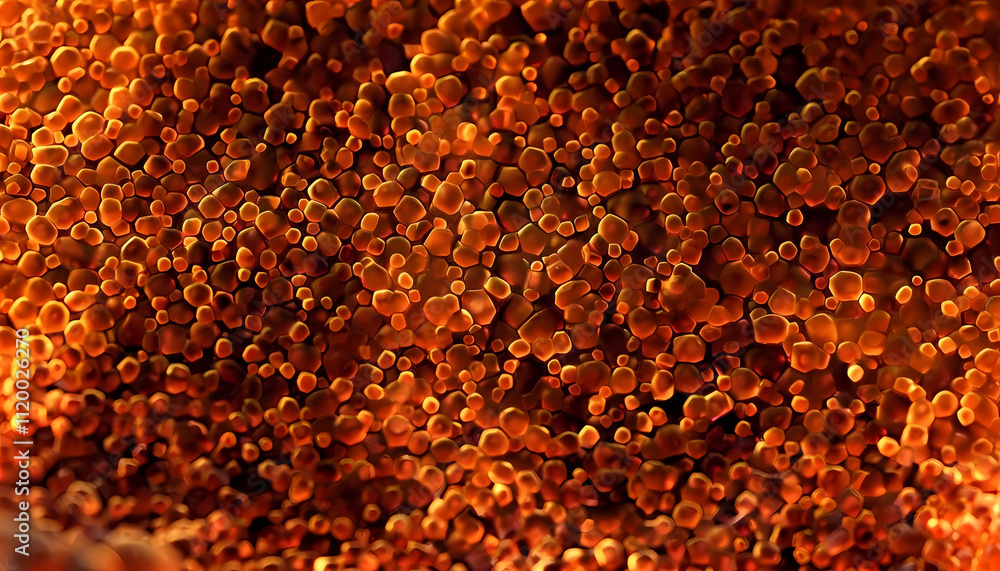 A vibrant, close-up view of numerous small, multifaceted, orange particles packed tightly together. A vibrant, close-up view of numerous small, multifaceted, orange particles packed tightly together.