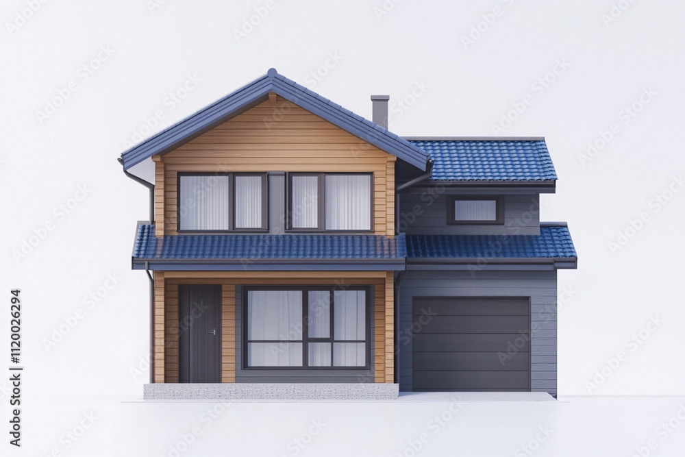 modern two story house featuring wooden facade and blue tiled roof, showcasing stylish garage and large windows for natural light modern two story house featuring wooden facade and blue tiled roof, showcasing stylish garage and large windows for natural light