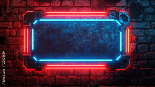 vibrant 3D render of neon light rectangular frame in blue and red, set against textured brick wall, creating striking visual contrast
