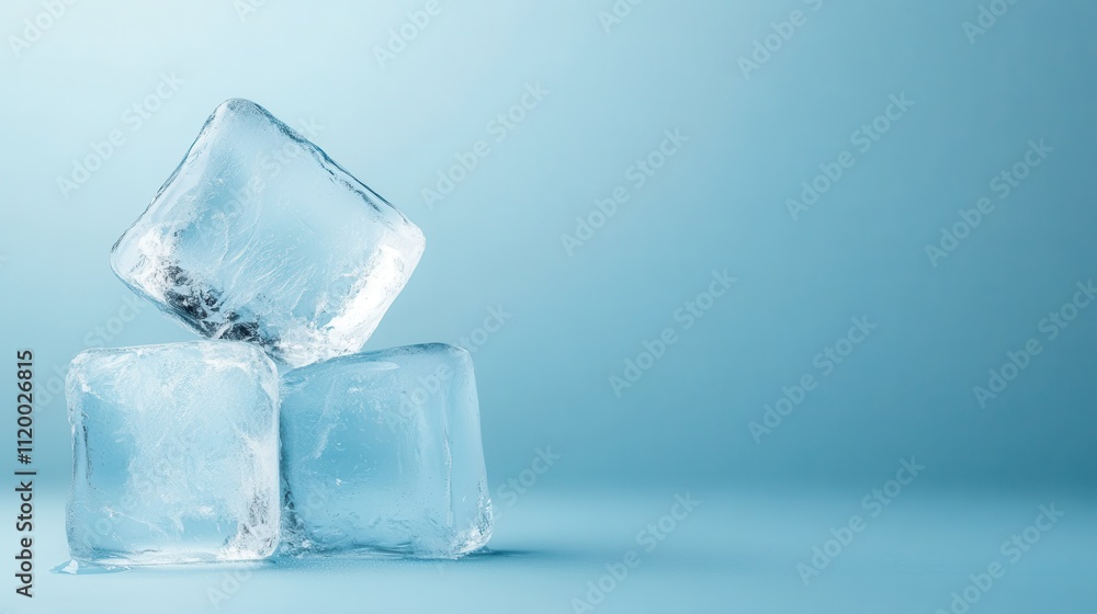 Two pristine ice cubes are stacked on each other, resting softly on a pastel blue background, evoking a sense of cool tranquility and pure simplicity in their form. Two pristine ice cubes are stacked on each other, resting softly on a pastel blue background, evoking a sense of cool tranquility and pure simplicity in their form.