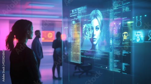 Futuristic digital interface with a woman exploring AI technology in a colorful setting. A glimpse into the future of digital interaction.