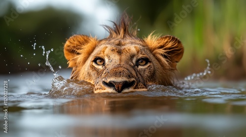 A captivating image of a lion swimming with its head above water, showcasing determined eyes and mane detail, capturing the essence of power and grace. photo