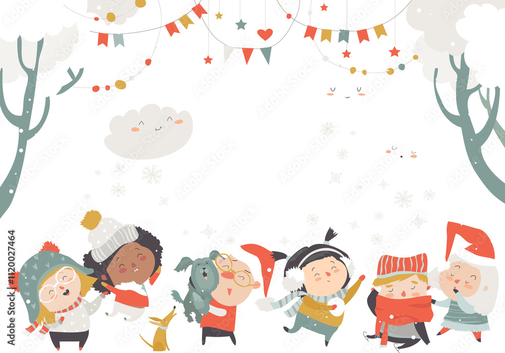 Cartoon happy children enjoying winter. Hello snow. Vector illustration Cartoon happy children enjoying winter. Hello snow. Vector illustration