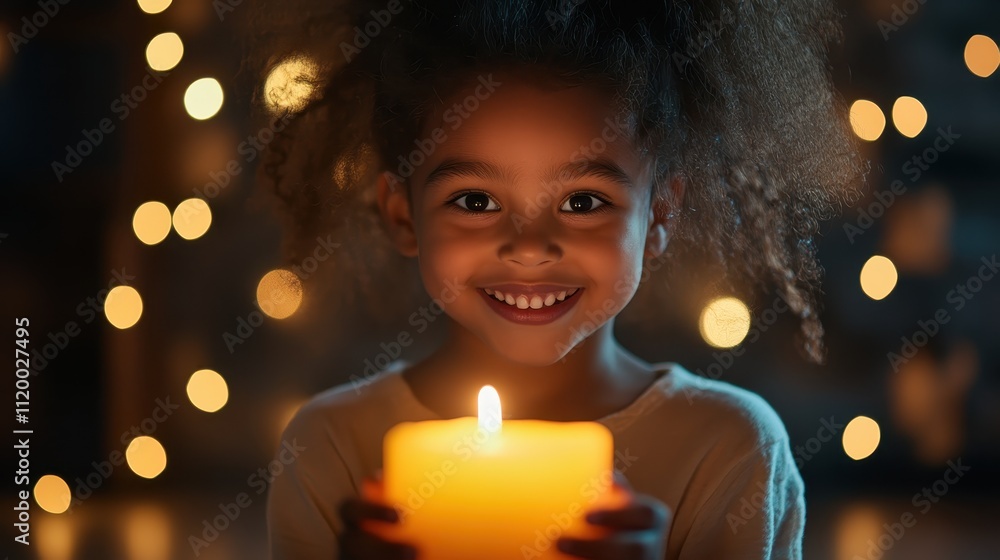 A child with curly hair delightfully holds a glowing candle, surrounded by soft fairy lights, creating a cozy and magical atmosphere of warmth and wonder. A child with curly hair delightfully holds a glowing candle, surrounded by soft fairy lights, creating a cozy and magical atmosphere of warmth and wonder.