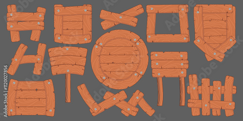 Wooden signs, shields, pointers and more. Twelve design objects for various projects. Vector set