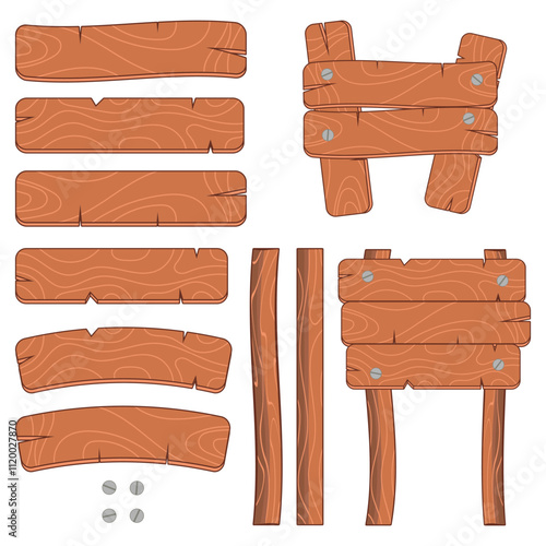 Wooden boards, sticks and nails for creating signs and other design elements. Vector set