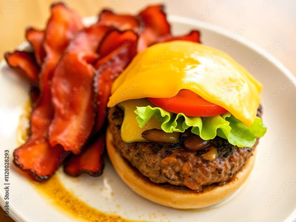beef bacon burger with French fries beef bacon burger with French fries