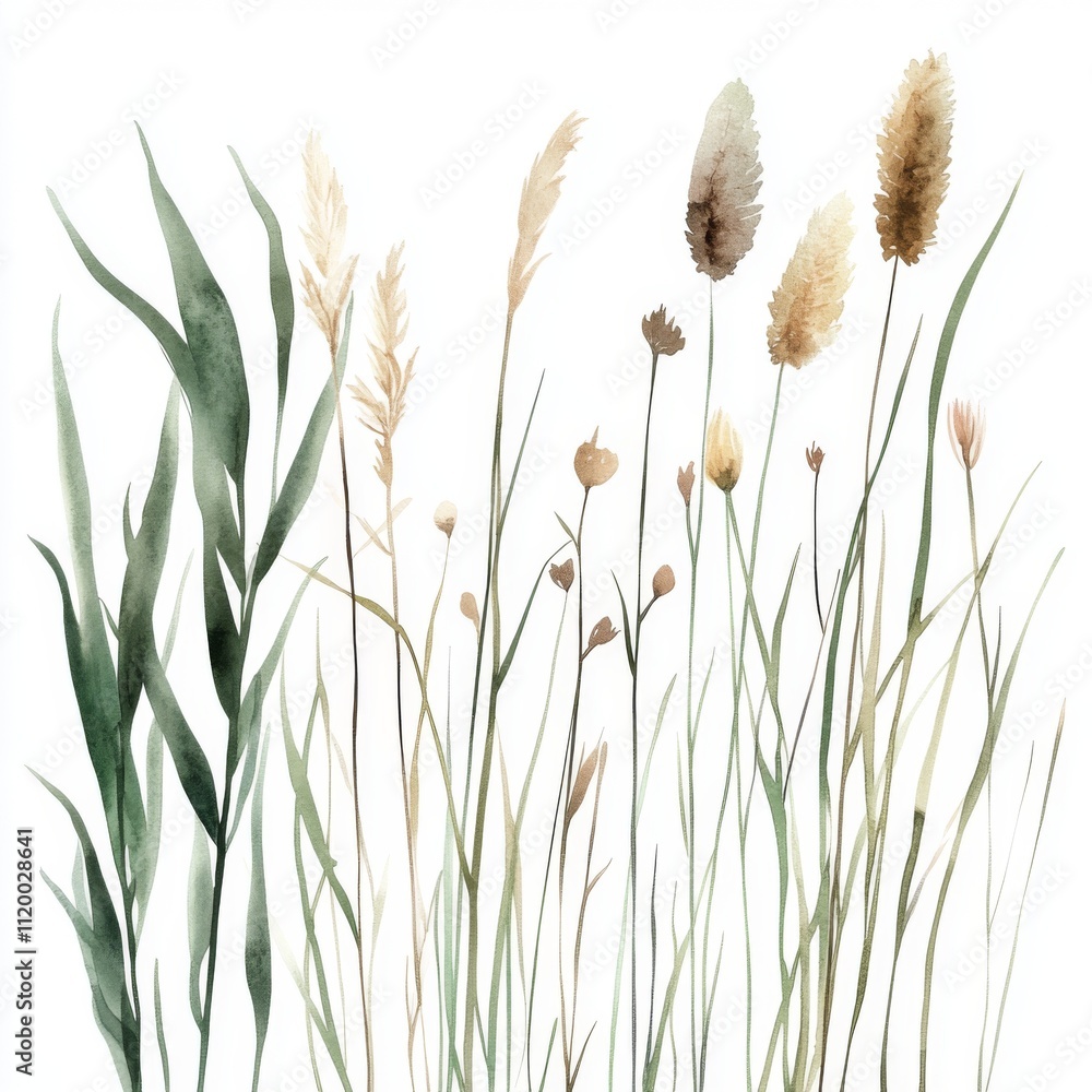 Simple Watercolor Clip Art of Small Grases and Reeds in Lake Style on White Background Simple Watercolor Clip Art of Small Grases and Reeds in Lake Style on White Background