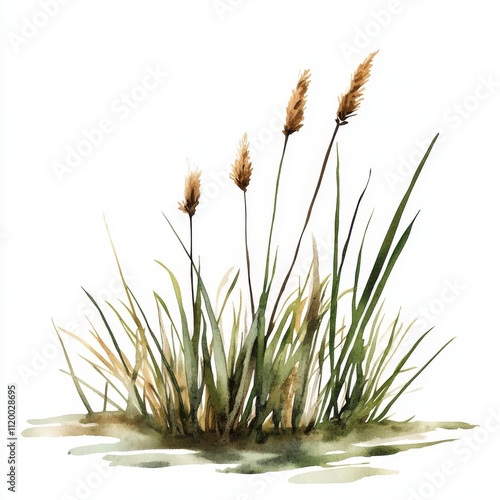 Simple Watercolor Clip Art of Small Grases and Reeds in Lake Style on White Background