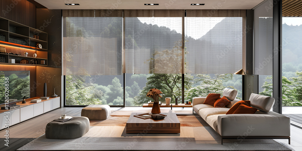 Fototapeta premium Smart Home Interior with Intelligent Windows – Modern Living Redefined