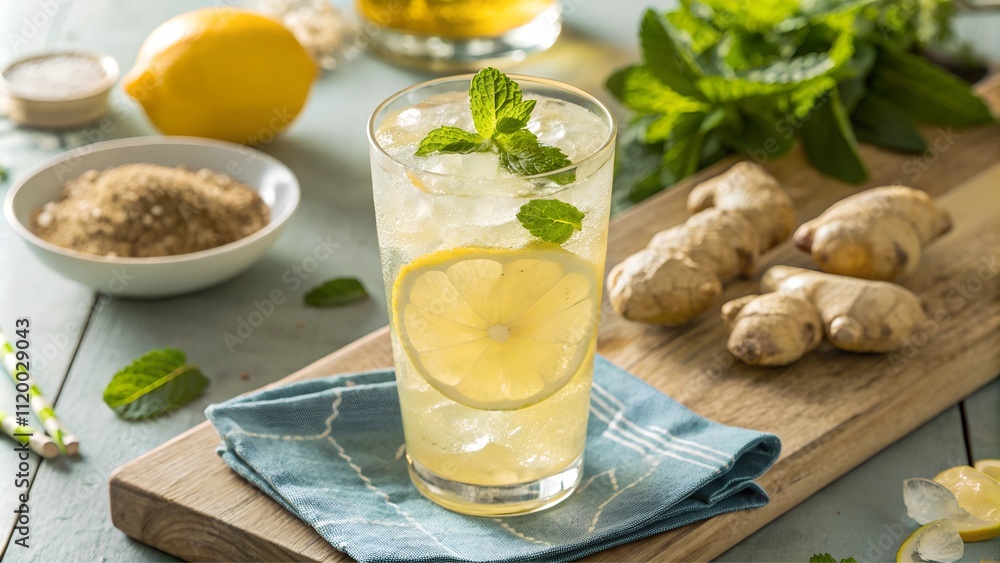 Ginger lemon mocktail served in a glass with fresh ginger and mint garnish Ginger lemon mocktail served in a glass with fresh ginger and mint garnish