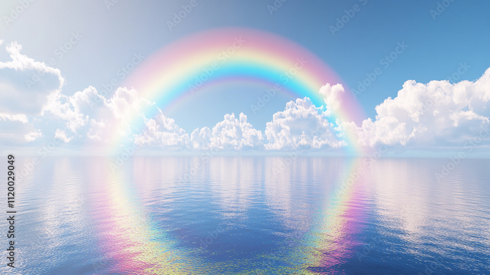 rainbow arching over calm sea reflects beautifully in water, creating serene and peaceful atmosphere. vibrant colors contrast with blue sky and fluffy clouds rainbow arching over calm sea reflects beautifully in water, creating serene and peaceful atmosphere. vibrant colors contrast with blue sky and fluffy clouds