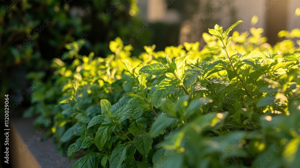 Fototapeta premium Lush green mint plants bathed in warm sunlight.