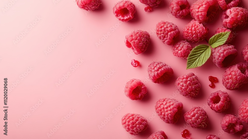 A delightful scattering of fresh raspberries accompanied by a green leaf, set against a soft pink background, evoking sweetness and delicacy.