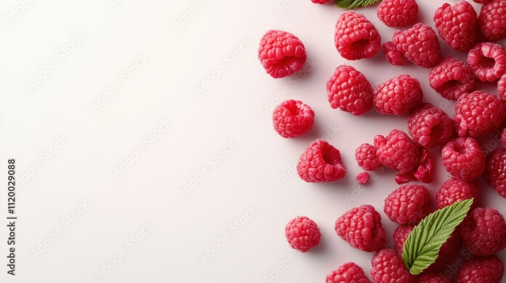 A neatly arranged assortment of fresh raspberries, artistically placed on a subtle white background, creating a pleasing contrast and visual interest. A neatly arranged assortment of fresh raspberries, artistically placed on a subtle white background, creating a pleasing contrast and visual interest.