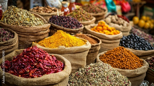 Sacks of colorful spices in a traditional market