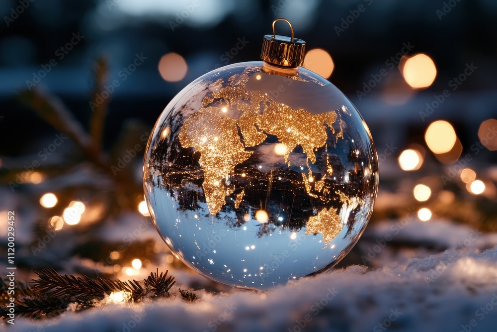 A beautiful ornament featuring a map of the world illuminated within, surrounded by a soft, dreamy bokeh effect, representing connection and unity across the globe. A beautiful ornament featuring a map of the world illuminated within, surrounded by a soft, dreamy bokeh effect, representing connection and unity across the globe.