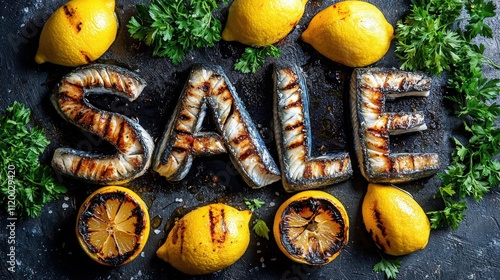 Grilled fish arranged with lemons and herbs for a vibrant market promotion event