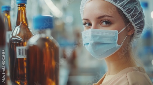 Amidst a bustling production floor, a dedicated female worker in protective attire inspects shiny bottles with a watchful eye. The environment reflects a vibrant manufacturing process