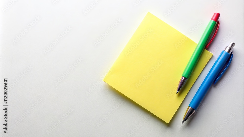 Yellow Sticky Note with Two Pens Isolated on White Background for Creative Planning and Organization, Ideal for Office, School Supplies, and Note-taking Concepts Yellow Sticky Note with Two Pens Isolated on White Background for Creative Planning and Organization, Ideal for Office, School Supplies, and Note-taking Concepts
