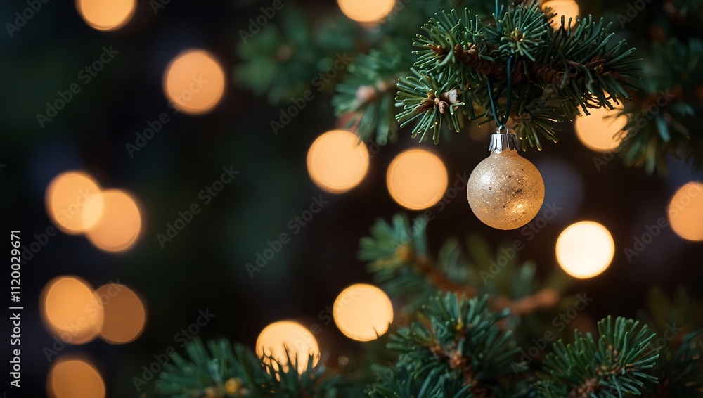 Gold Ornament Hangs On Christmas Tree Branch With Lights Gold Ornament Hangs On Christmas Tree Branch With Lights