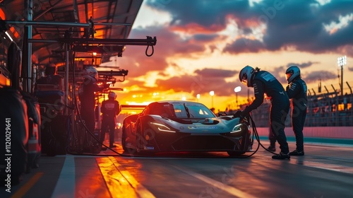 Sunset Pit Stop: Race Car Team in Action at a Golden Hour Race Track