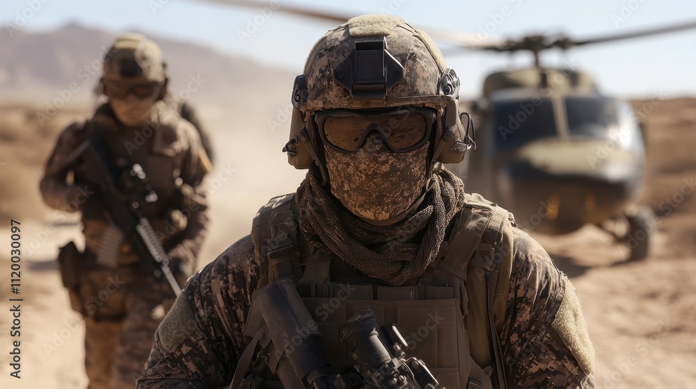 Obraz premium A pair of masked soldiers advance confidently with a helicopter near, displaying the synchrony and readiness required in versatile desert operation environments.