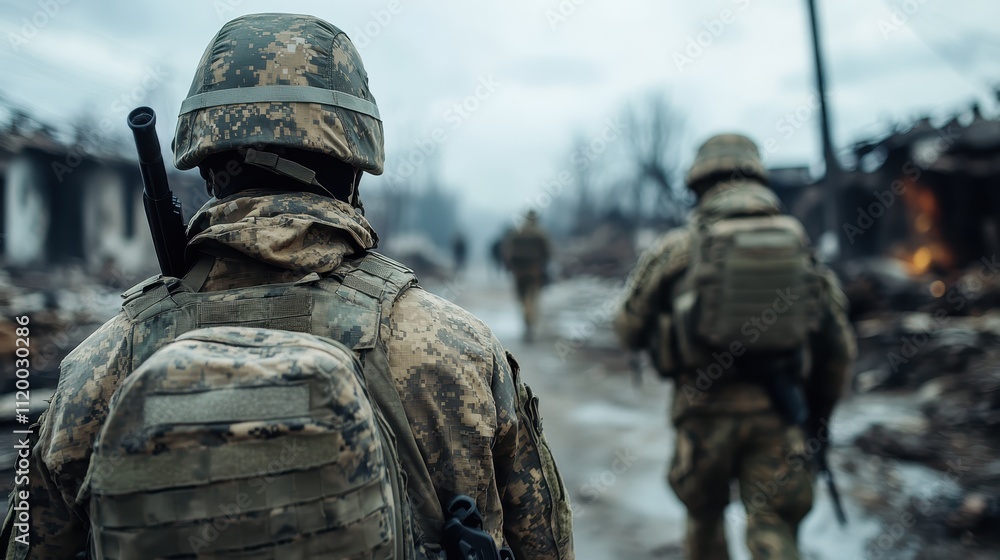 A group of heavily equipped soldiers advances through a war-torn area, showcasing a war scene with destroyed structures and desolation surrounding them. A group of heavily equipped soldiers advances through a war-torn area, showcasing a war scene with destroyed structures and desolation surrounding them.