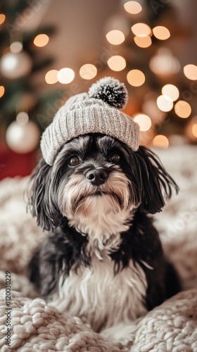 Fluffy Dog in a New Year's cap sits against the background of an apartment decorated for Christmas, cozy home. High quality photo