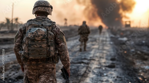 A soldier with a rifle walks down a war-torn road with smoke and blazing fires in the distance, illustrating the harsh realities and determination of conflict.