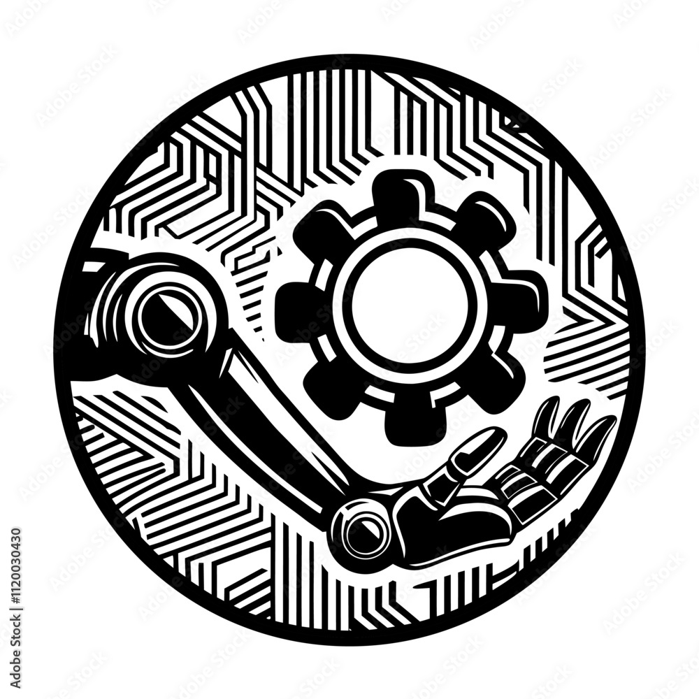 Robotic arm holding a gear, integrated into a circuit board pattern, symbolizing the integration of robotics, technology, and automation