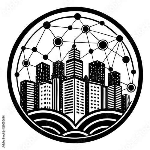 Modern cityscape with interconnected buildings forming a smart city, symbolizing technological advancement, automation, and integration within a circular network