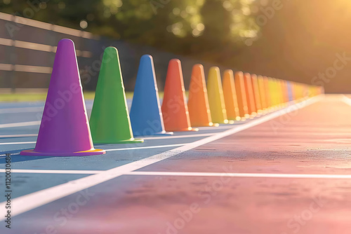 track and field events, bright cones delineating relay lanes, rhythmic track sounds of sneakers, and sheer delight in youthful faces during sports day
