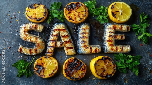 Grilled fish and lemon create a vibrant sale display for a seafood market event photo