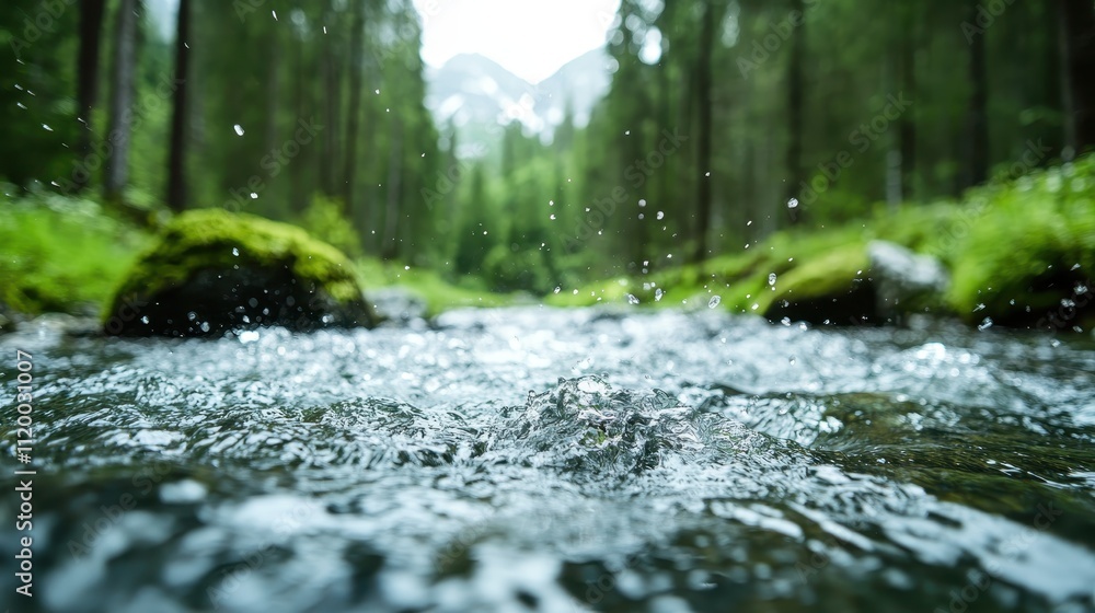 Fototapeta premium A tranquil, crystal clear stream flows through a lush green forest, with moss-covered rocks and vibrant foliage creating a serene, natural landscape in a picturesque setting.