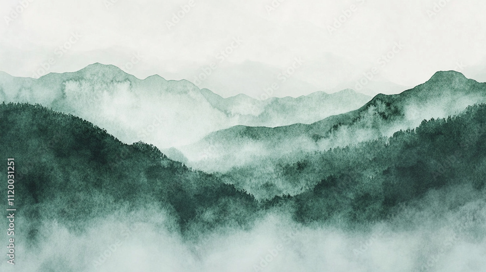 Obraz premium serene green and gray watercolor landscape featuring misty mountains and soft hills. tranquil atmosphere evokes sense of calm and connection with nature