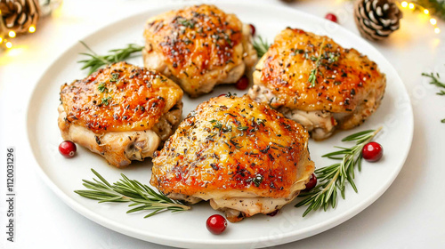 Succulent Roasted Chicken Thighs with Herbs and Festive Berries on Elegant White Plate - Gourmet Holiday Meal Concept