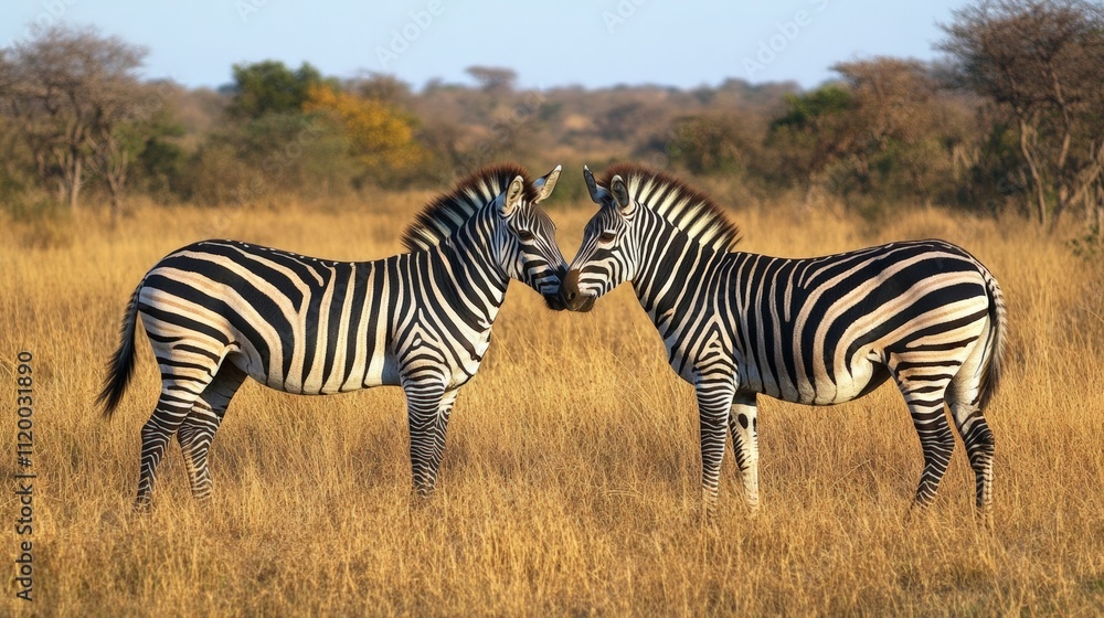 Two Zebras Interacting in a Beautiful Grassland Habitat Under Clear Blue Sky Two Zebras Interacting in a Beautiful Grassland Habitat Under Clear Blue Sky