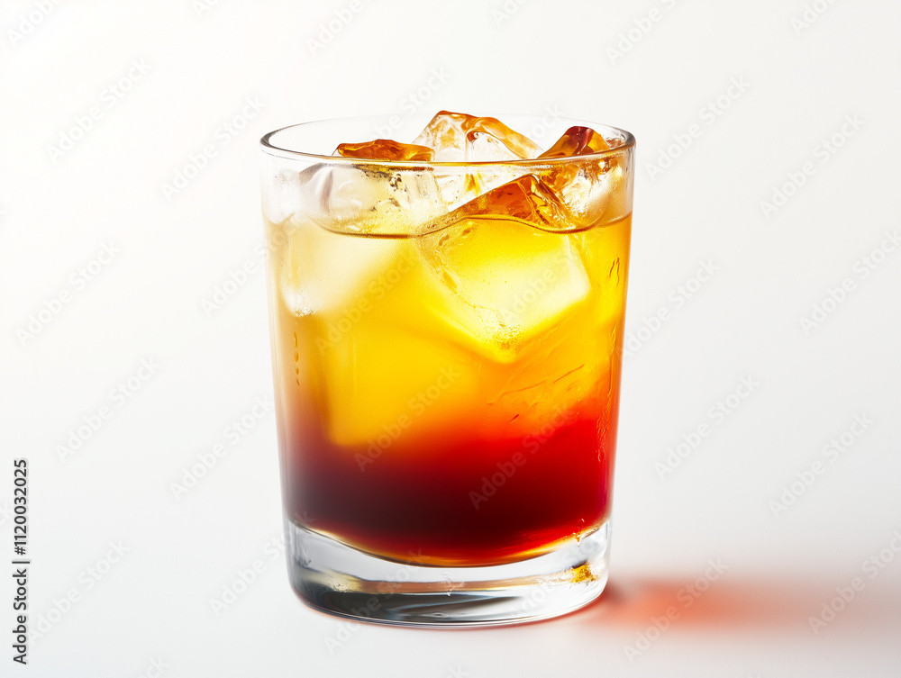 Refreshing Tequila Sunrise Cocktail with Ice in Highball Glass, Vibrant Gradient Drink on White Background Refreshing Tequila Sunrise Cocktail with Ice in Highball Glass, Vibrant Gradient Drink on White Background