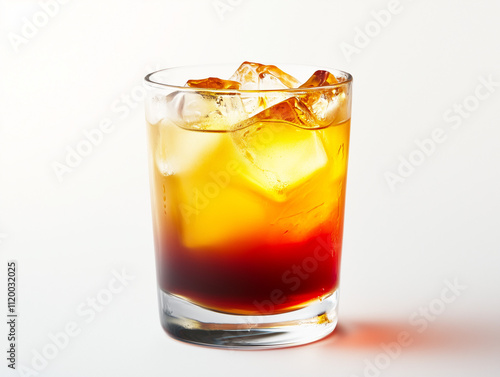 Refreshing Tequila Sunrise Cocktail with Ice in Highball Glass, Vibrant Gradient Drink on White Background