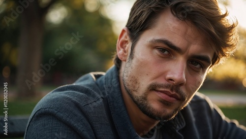Young man with a short beard and tousled hair sitting on a park bench at sunset, gazing at the camera with a warm and introspective expression