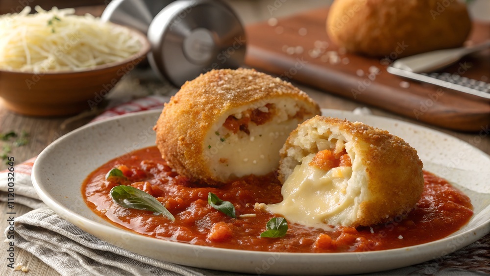 Classic arancini served on a bed of marinara sauce on a white plate Classic arancini served on a bed of marinara sauce on a white plate