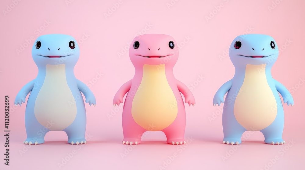 Three cute cartoon lizards, pink and blue, standing in a row on a pink background. Three cute cartoon lizards, pink and blue, standing in a row on a pink background.