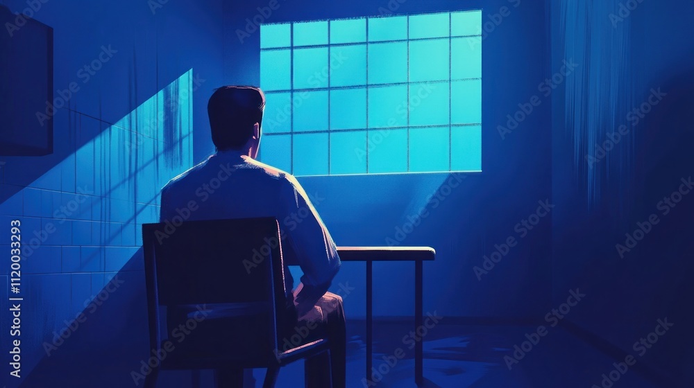 A solitary figure sits facing a bright window A solitary figure sits facing a bright window