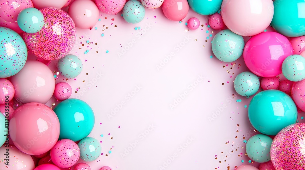 Pink and teal shiny spheres frame on pastel background. Pink and teal shiny spheres frame on pastel background.