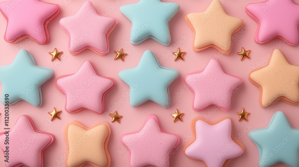 Pastel star-shaped macarons arranged on pink background with gold stars. Pastel star-shaped macarons arranged on pink background with gold stars.