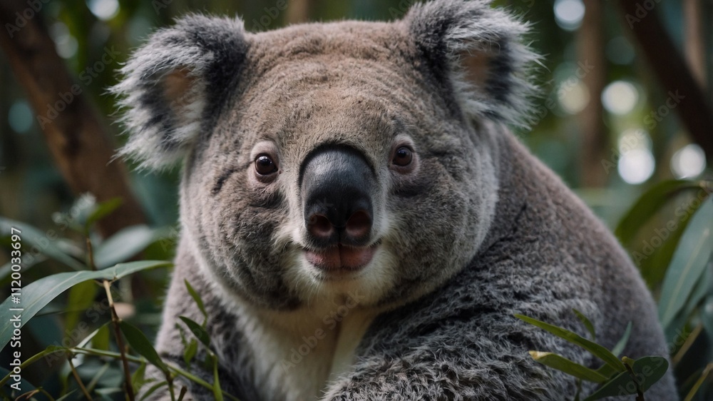 Fototapeta premium cute fluffy fat koala. big size and cute, forest background. Generative AI.